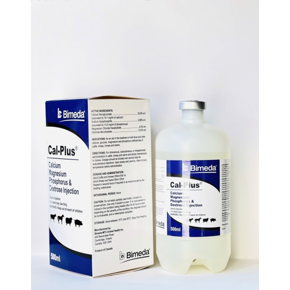 CAL PLUS - Giúp điều trị:  Sốt sữa (milk fever)  .Thiếu hụt canxi, glucose, magiê và phốt pho trên gia súc, cừu, heo và ngựa.